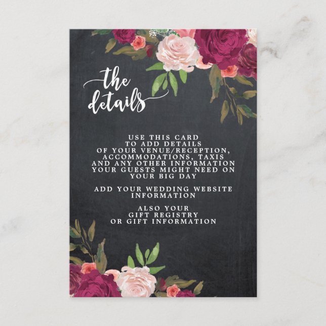 tarjeta de información del boda floral boho burgun (Anverso)