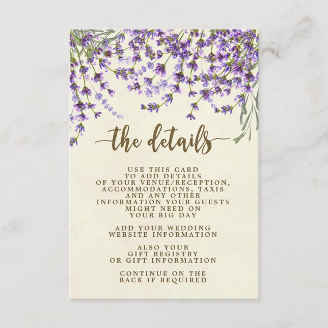tarjeta de información del boda floral boho lavend (Anverso)