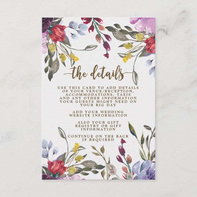 tarjeta de información del boda floral de boho wil (Anverso)