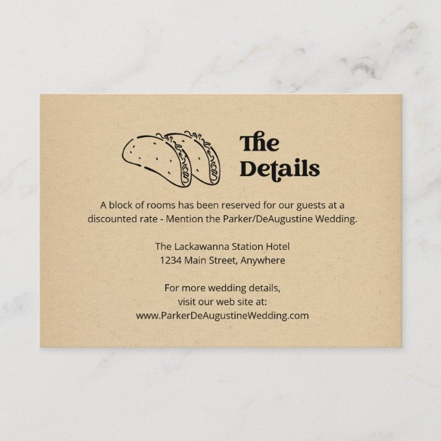 Tarjeta de información del Boda Taco (Anverso)