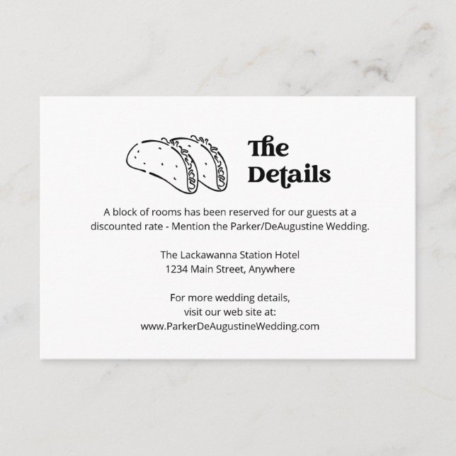 Tarjeta de información del Boda Taco (Anverso)