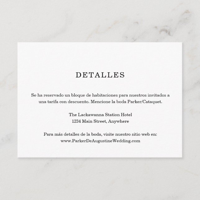 Tarjeta de información/detalles en español (Anverso)