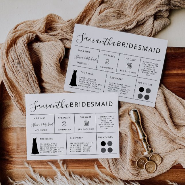 Tarjeta de información editable para la dama de ho (Editable Bridesmaid Information Card, Bridal Party Invitation)