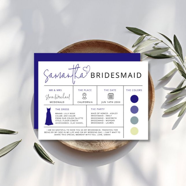 Tarjeta de información Retro Bridesmaid, guía de f (Retro Bridesmaid Info Card, Bridal Party Guide Invitation)