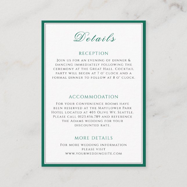 Tarjeta de información simple de Boda verde de esm (Anverso)