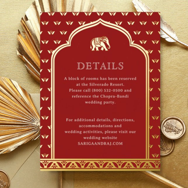 Tarjeta de información sobre Elephant & Lotus Boda (Red Indian wedding invitation hotel information details enclosure card, Lotus flower hindu wedding)