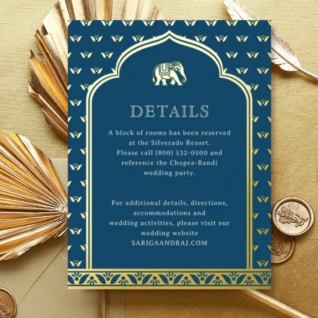 Tarjeta de información sobre Elephant & Lotus Boda (Blue Indian wedding invitation hotel information details enclosure card, Lotus flower hindu wedding)