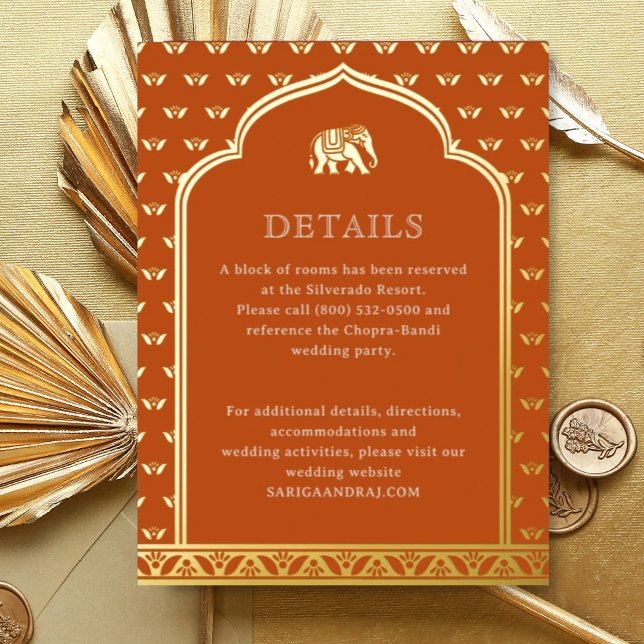 Tarjeta de información sobre Elephant & Lotus Boda (Orange Indian wedding invitation hotel information details enclosure card Lotus flower hindu wedding)