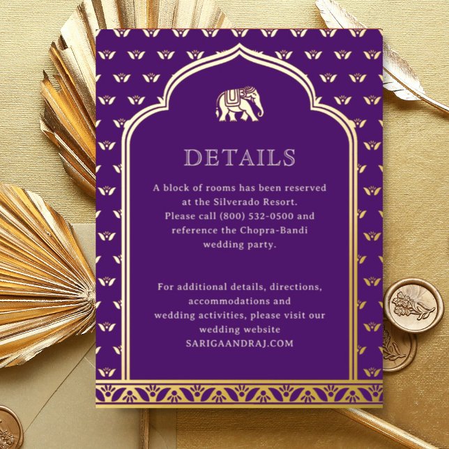 Tarjeta de información sobre Elephant & Lotus Boda (Purple Indian wedding invitation hotel information details enclosure card Lotus flower hindu wedding)