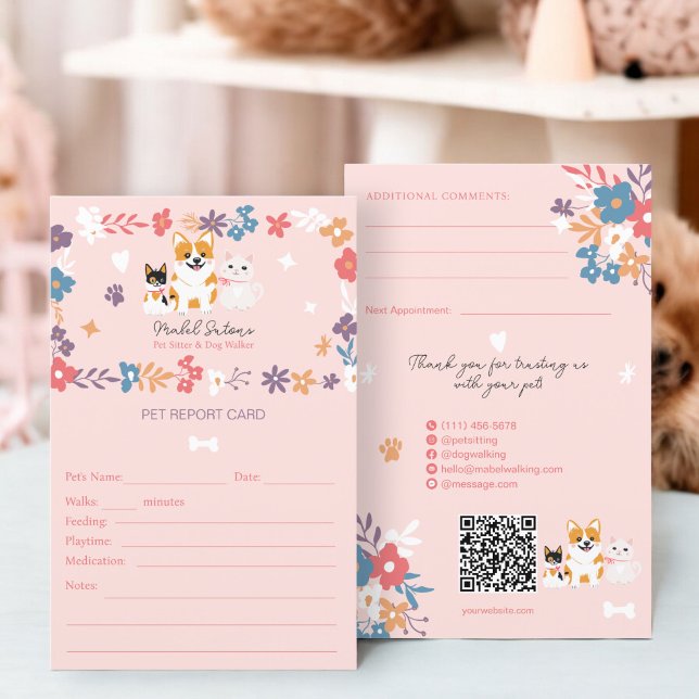 Tarjeta de informe de mascota de perritos de masco (Whimsical pet sitter dog walker pet report card)