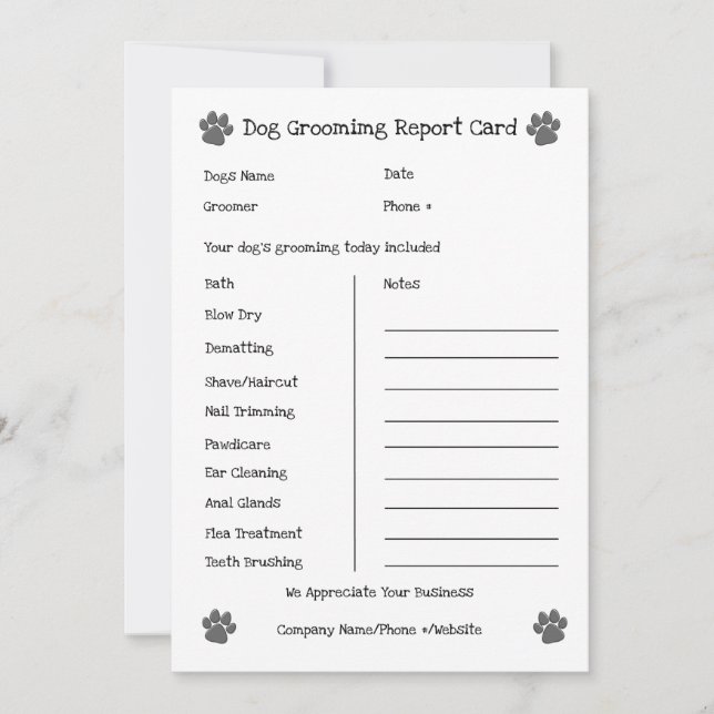Tarjeta de informe Dog Grooming (Anverso)