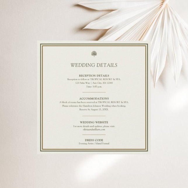 Tarjeta de inscripción con detalles del Boda de la (Square wedding details card with timeless border design for elegant celebrations.)