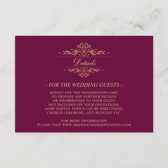 Tarjeta de inscripción de Boda de lujo de Borgoña  (Anverso)