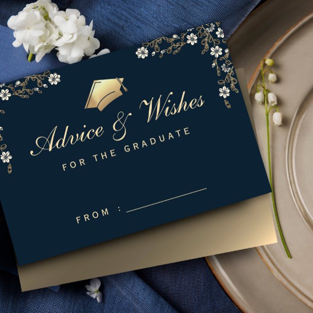 Tarjeta de inscripción de consejo de graduación de (Elegant navy blue and gold graduation advice enclosure cards, floral Frame Luxury Graduation #advice)