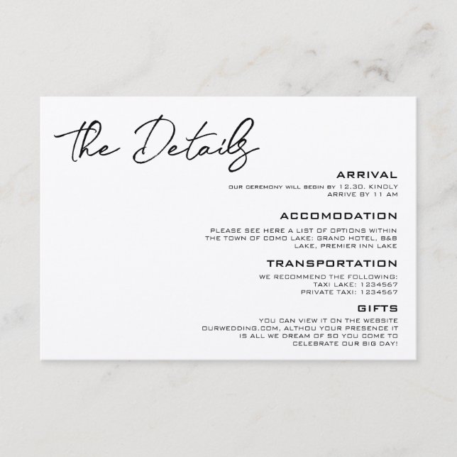 Tarjeta de inscripción de detalles de boda elegant (Anverso)
