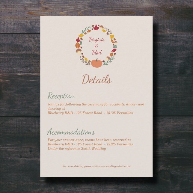 Tarjeta de inscripción de detalles de la boda de m (Wreath & Fall Wedding Details Enclosure Card)