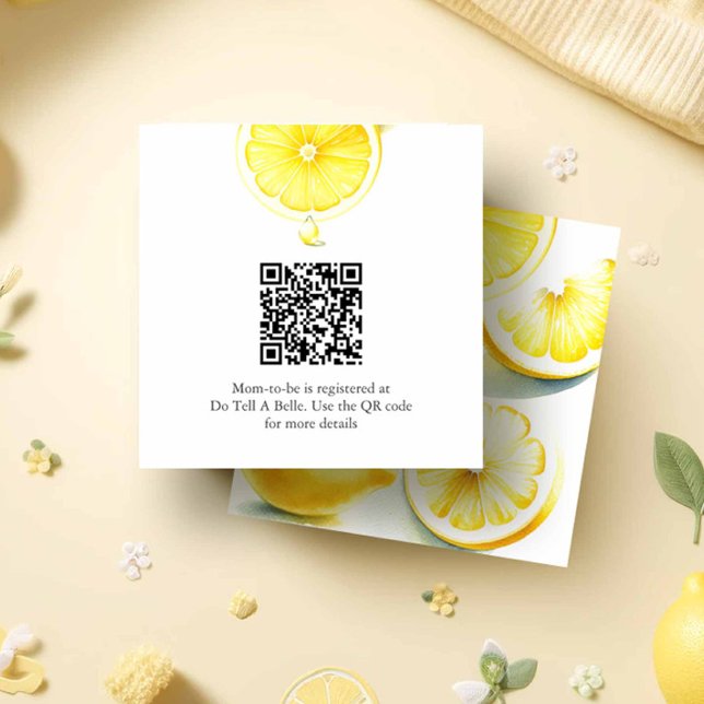 Tarjeta de inscripción de registro de Baby Shower  (lemon baby shower invitation insert card with QR code watercolor citrus in shades of yellow.)