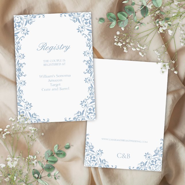 Tarjeta de inscripción de registro de Boda simple  (elegant blue and white wedding registry invitation enclosure cards for regency era vintage events)