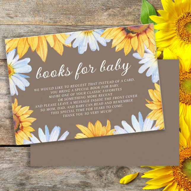 Tarjeta de inscripción para el libro de Sunflowers (Sunflowers and white daisies "books for baby" baby shower enclosure card.)