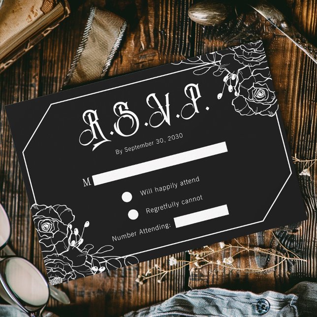 Tarjeta de inscripción RSVP de Boda negra floral g (Subido por el creador)