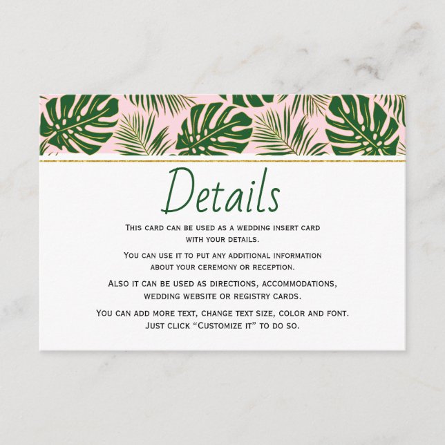 Tarjeta de inserción boda rosa de hojas tropicales (Anverso)