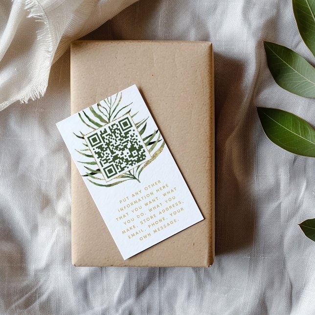 Tarjeta de inserción de código de hoja y QR para p (Customer order insert card with a green and gold palm leaf with qr code inside and message below)