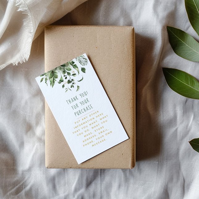 Tarjeta de inserción de hojas y plantas para pedid (Leafs and plants with thank you message in green and gold enclosure card.)