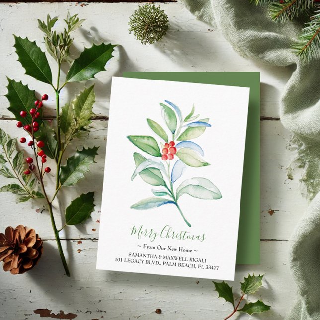 Tarjeta de inserción de Invitación en movimiento d (Christmas card watercolor red berries and greenery by Victoria Grigaliunas VG Invites)