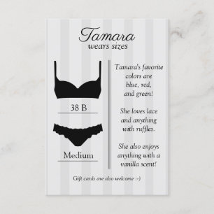 Tarjeta de inserción de tamaño de lencería de novi