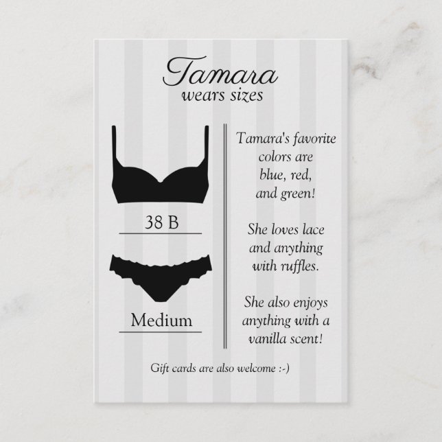 Tarjeta de inserción de tamaño de lencería de novi (Anverso)