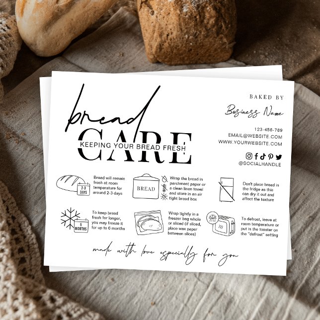 Tarjeta de instrucciones de Baker Minimalista para (Fresh bread loaf care instructions card with icons, space for your business info and thank you note)