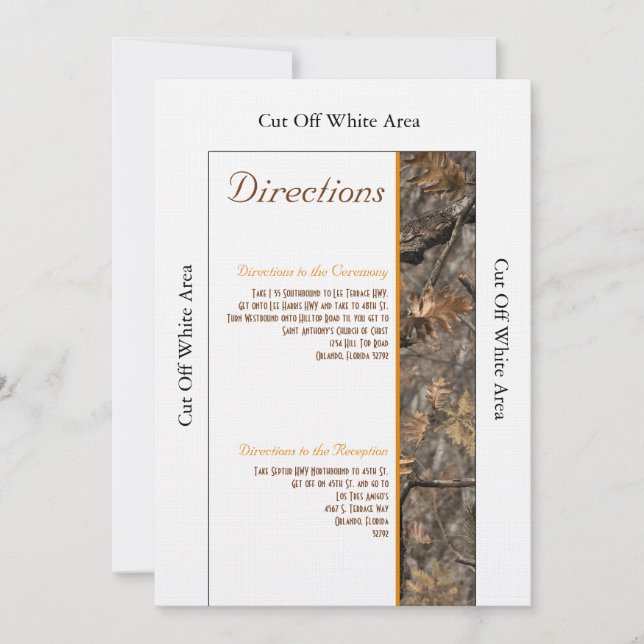 Tarjeta de instrucciones de Boda de Moda de Camo d (Anverso)