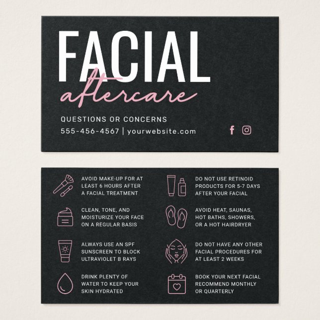 Tarjeta de instrucciones de postcuidado facial pre (Anverso y reverso)