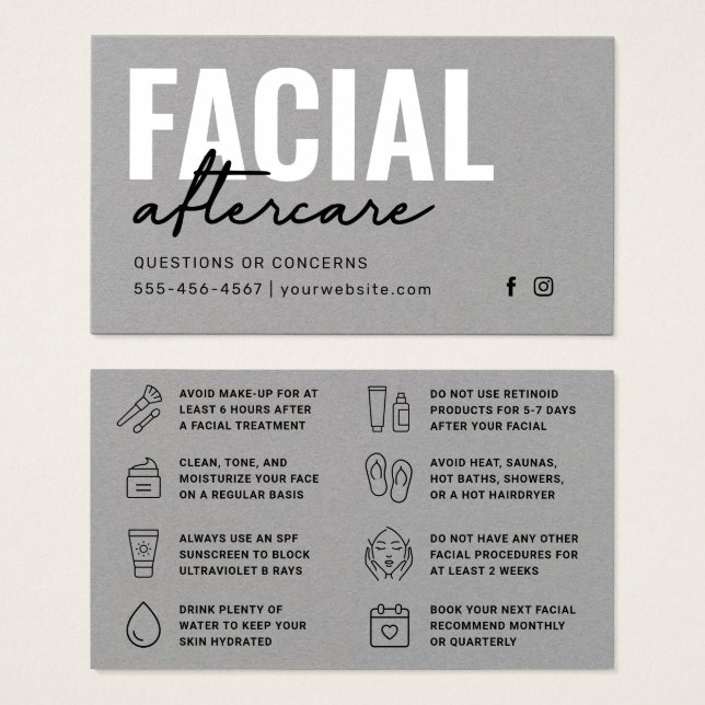Tarjeta de instrucciones de postcuidado facial pre (Anverso y reverso)