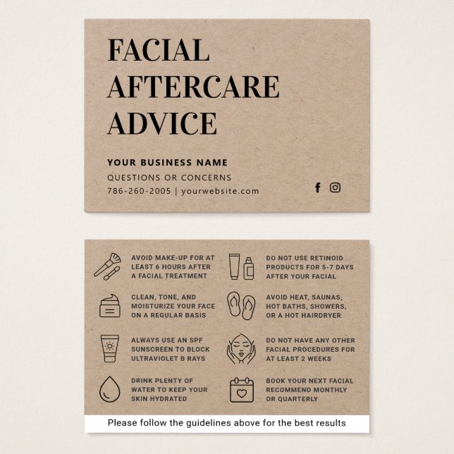 Tarjeta de Instrucciones para la Terapia Facial de (Anverso y reverso)