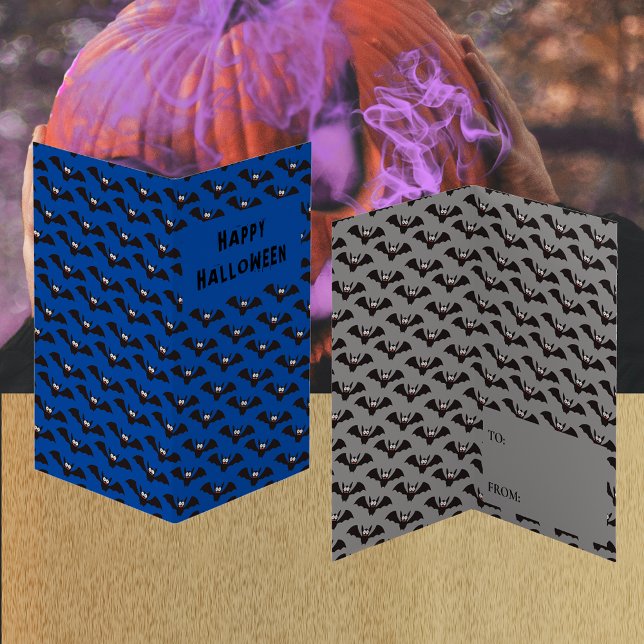 Tarjeta de intercambio Bat Pattern Halloween Blue  (Bat Pattern Halloween Blue Classroom Exchange Card)