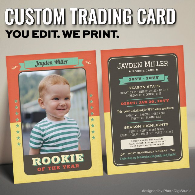 Tarjeta de intercambio de cumpleaños 1.ᵉʳ Béisbol  (Custom Rookie Trading Card, First Birthday Retro Rookie Card)