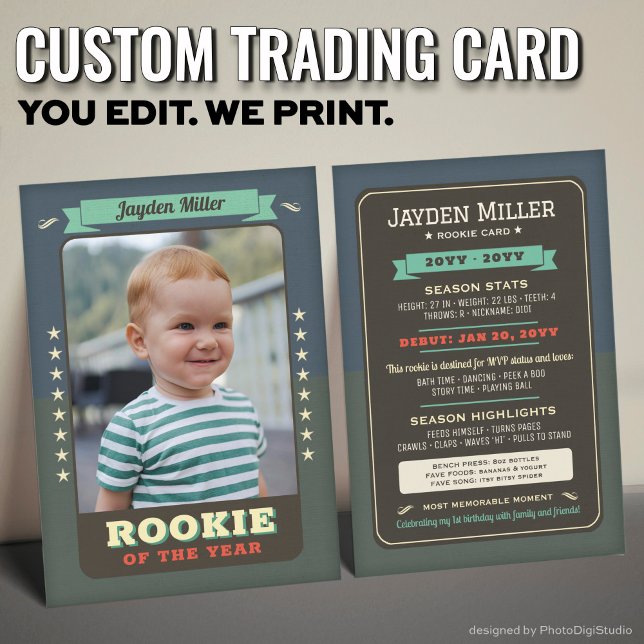 Tarjeta de intercambio de cumpleaños 1.ᵉʳ Béisbol  (Custom Rookie Trading Card, First Birthday Retro Rookie Card)
