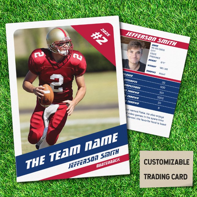Tarjeta de intercambio de equipo de fútbol america (American Football Player Trading Card in White with Custom Team Name with Blue Red Stripes
)