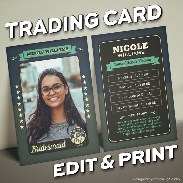Tarjeta de intercambio de equipo de novia personal (Custom Team Bride Trading Card, Bridesmaids Gifts Maid of Honor Trading Card, Retro Wedding Cards)