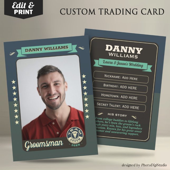 Tarjeta de intercambio de equipo personalizado par (Custom Team Groom Trading Card, Groomsmen Gifts Best Man Trading Card, Retro Wedding Cards)