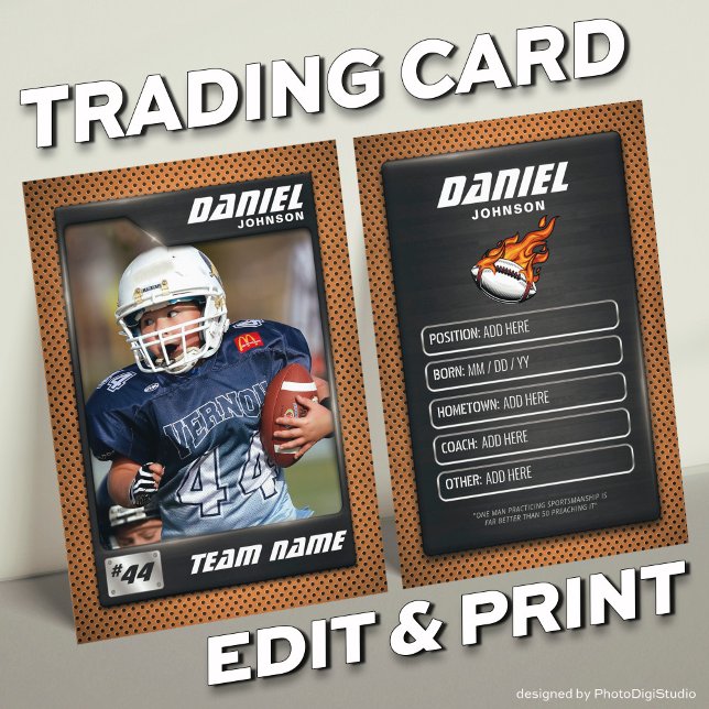Tarjeta de intercambio de fútbol personalizado, ta (Custom Football Trading Card, Player Profile Card, Silver Orange Trading Card Personalized Card)