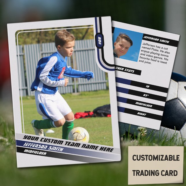 Tarjeta de intercambio de jugador de fútbol azul g (Soccer Player Trading Card in Light Grey with Custom Team Name and Blue Black Elements)