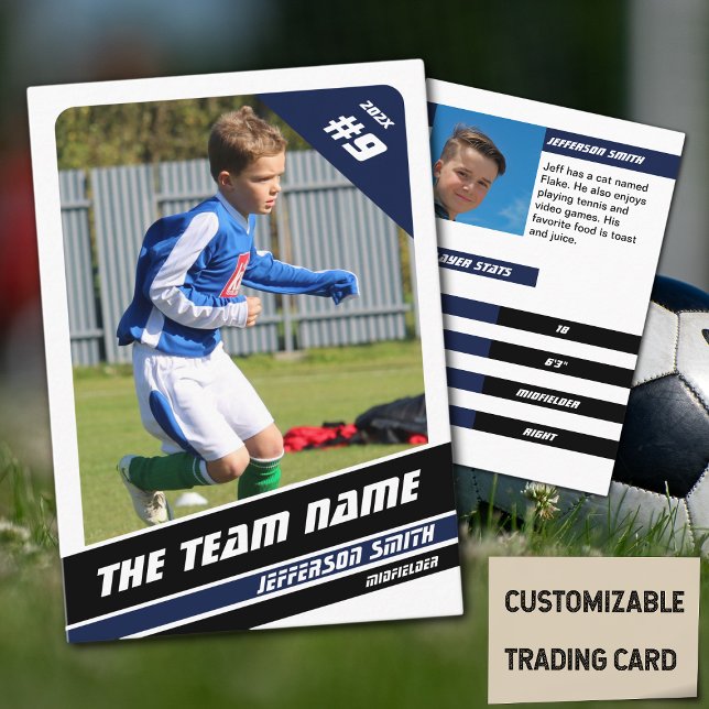 Tarjeta de intercambio de jugador de fútbol en bla (Soccer Player Trading Card in White with Custom Team Name and Blue Black Elements)