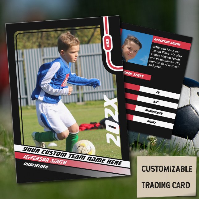 Tarjeta de intercambio de jugador de fútbol en roj (Soccer Player Trading Card in Black with Custom Team Name and Red White Elements)