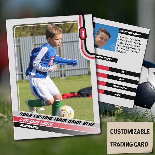Tarjeta de intercambio de jugador de fútbol rojo g (Soccer Player Trading Card in Light Grey with Custom Team Name and Red Black Elements)