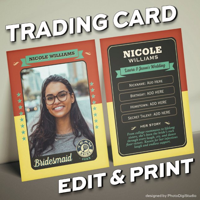 Tarjeta de intercambio de la novia del equipo pers (Custom Team Bride Trading Card, Bridesmaids Gifts Maid of Honor Trading Card, Retro Wedding Cards)