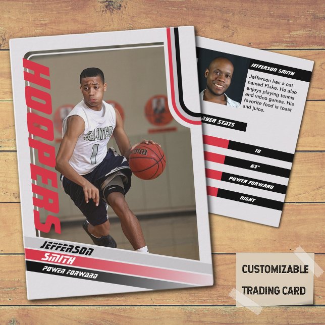 Tarjeta de intercambio de Personalizados de jugado (Basketball Player Trading Card in Grey with custom team name and player name with Red stripes
)