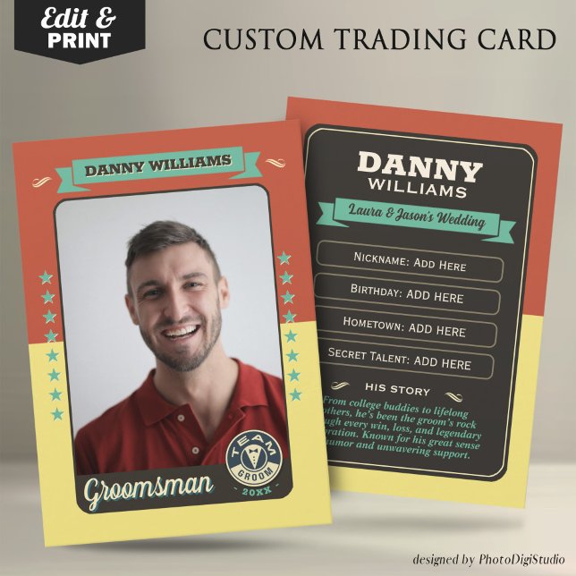 Tarjeta de intercambio de ropa personalizada para  (Custom Team Groom Trading Card, Groomsmen Gifts Best Man Trading Card, Retro Wedding Cards)