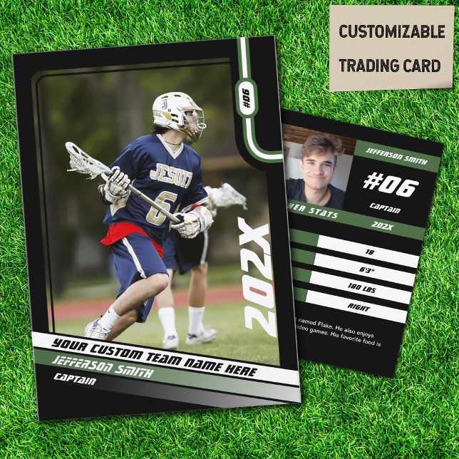 Tarjeta de intercambio del jugador de Lacrosse en  (Lacrosse Player Trading Card in Black with Custom Team Name and Green White Elements)